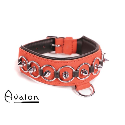 Avalon - WORSHIP - Collar med spisse nagler, ringer og D-ring - Rød og sort