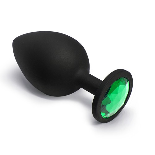 BQS - Sort Silikonbuttplug med Krystall - Mørk Grønn - Large